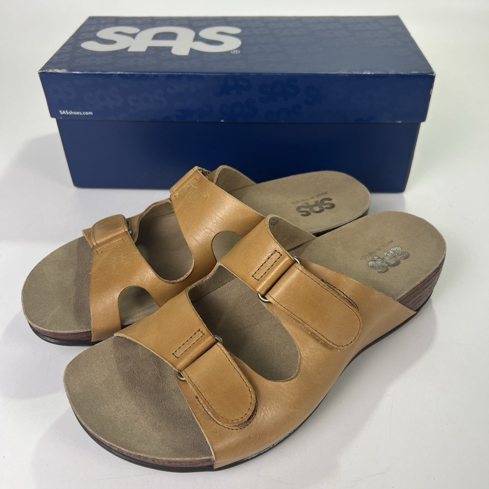 SAS Seaside Leather Sandal Hazel Light Brown Womens Size 10W Slide Comfort Shoes